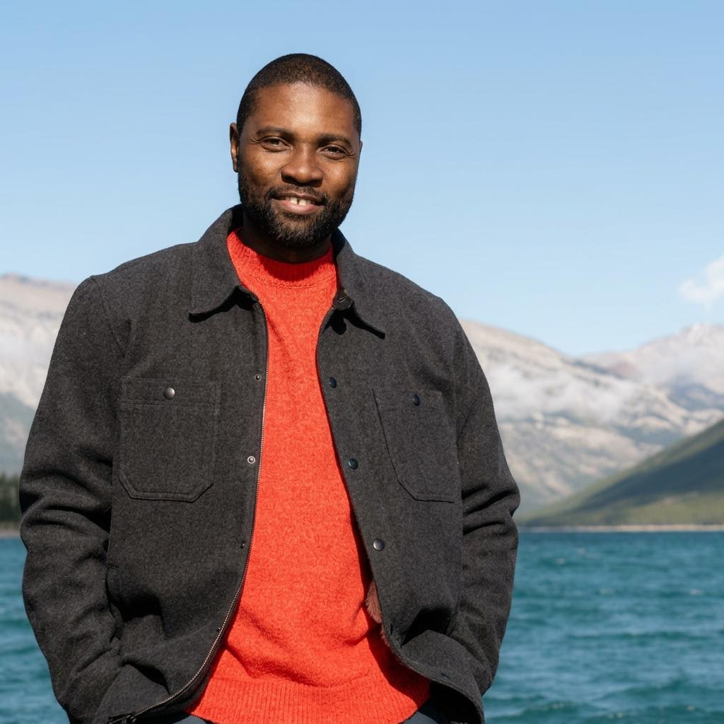 Banji Olatomirin in front of the Alberta mountains and lake.